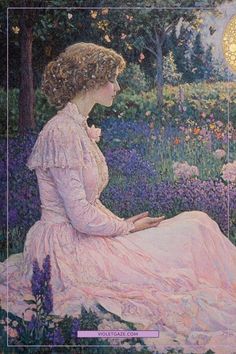 a painting of a woman in a pink dress sitting on the ground next to flowers