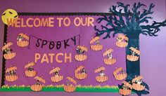 a bulletin board with pumpkins on it and the words welcome to our spooky patch