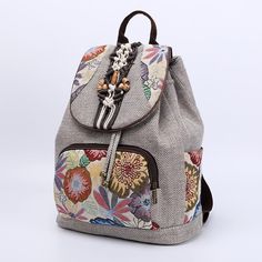 wickedafstore Meve Canvas Backpack Casual Floral Embroidery Backpack, Casual Floral Embroidered Backpack, Travel Backpack With Floral Embroidery, Floral Embroidery Travel Backpack, Casual Embroidered Backpack For Everyday Use, Bohemian Summer Travel Backpack, Embroidered Backpack For Travel, Embroidered Travel Backpack, Backpack Wall