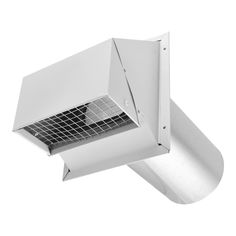 a white exhaust fan mounted on the side of a wall with an open ventilator