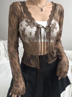 See Through Y2K Mesh Blouse Open Front Lace Long Sleeve Crop Blouse - AnotherChill Top In Pizzo, Cardigan Y2k, Mesh Cardigan, Mode Hippie, Crop Top Dress, Top Streetwear, Lace Long Sleeve, Vintage Cardigan, Cropped Tops