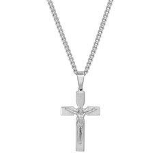 "Keep the Lord close to your heart at all times with this beautiful stainless steel cross pendant necklace. Keep the Lord close to your heart at all times with this beautiful stainless steel cross pendant necklace. Pendant size: 1.9"" x 0.9"" Chain length: 24 in. Chain type: curb Metal: stainless steel Inscription: Lord's Prayer Finish: polished, satin Please note, due to the high value of this item, a signature may be required upon delivery. Size: 24"". Color: White. Gender: male. Age Group: ad White Gold Stainless Steel Crucifix Necklaces, White Gold Stainless Steel Crucifix Necklace, Stainless Steel Cross Pendant, Lord's Prayer, Steel Cross, The Lords Prayer, Necklace Size, Cross Pendant Necklace, Steel Chain