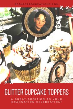 an advertisement for a birthday party with cupcakes and pictures on the cake stand