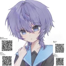 an anime character with purple hair and blue eyes is posing for the camera in front of a qr code