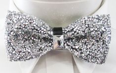 "Beautiful pre-tied and adjustable double tiered banded bow tie Crystal Beaded Will adjust from 13\" through 20\" neck. Bow dimensions 2.5\" x 4.5\". Bow tie Always made by hand and to your special order. Weddings and groups are welcome." Fitted Bow Tie With Detachable Bow For Party, Adjustable Decorative Bow Tie For Party, Adjustable Party Bow Tie With Decorative Bow, Party Bow Tie With Ribbon, Adjustable Ribbon Bow For Party, Adjustable Detachable Bow Tie For Party, Elegant Silver Bow For Party, Elegant Bow Ties For Party, Silver Satin Bow For Party