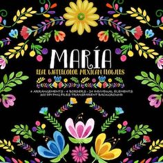 an image of colorful flowers and leaves on black background with the words marla written in spanish