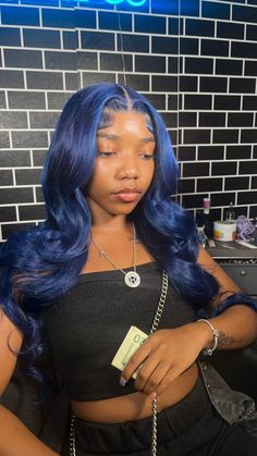 Blue Hair Wig Black Women, Wigs With Color Highlights, Dark Blue Wig Hairstyles, Dark Blue Frontal Wig, Midnight Blue Wigs For Black Women, Dark Blue Hair Wig, Royal Blue Wig Install, Blue Wig Install Black Women, Dark Blue Wig Install