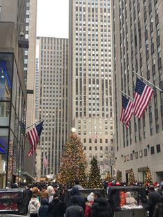 people are standing in front of the rockefeller christmas tree with american flags hanging from it