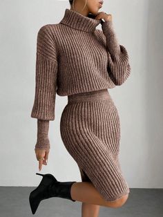 Solid High Neck Long Sleeve Cinched Waist Casual Knitted Dress Multicolor Elegant  Long Sleeve Knitwear Plain  Medium Stretch  Women Clothing, size features are:Bust: ,Length: ,Sleeve Length: Women Closet, Knee Length Sweater Dress, Knee Length Sweater, Fall Sweater Dress, Lantern Sleeve Sweater, Bodycon Sweater, Split Hem Dress, Bodycon Sweater Dress, Slim Fit Sweater