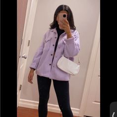 Thick Soft Shirt Jacket, Oversized Front And Side Pockets(Lilac) Materials:65% Polyester/35% Cotton Model Is 5'4 And Wearing A Size Small Chic Purple Outerwear With Pockets, Trendy Purple Outerwear For Work, Oversized Purple Outerwear For Fall, Purple Long Sleeve Outerwear With Pockets, Chic Lavender Fall Outerwear, Purple Button-up Outerwear With Pockets, Purple Spring Outerwear With Pockets, Spring Purple Outerwear With Pockets, Casual Purple Outerwear For Work