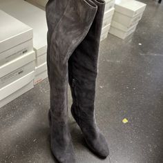 Brand New Knee High Boots Gray Suede Material Designer Suede Boots With Almond Toe, Designer Low Heel Medium Width Boots, Designer Boots With Low Heel And Medium Width, Designer Boots With Medium Width And Low Heel, Designer Fitted Suede Heeled Boots, Designer Suede Heeled Boots For Formal Occasions, Designer Suede Heeled Boots For Formal Events, Grey Knee High Boots, Texture Socks