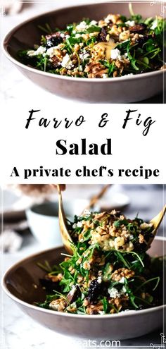 two bowls filled with salad on top of a white tablecloth and text overlay that reads, favor & fly salad private chef's recipe