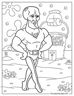 an adult coloring page with a cartoon character standing in front of a candy shop sign