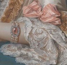 a close up of a painting of a woman's arm with lace on it