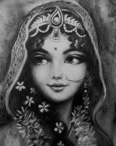 a black and white drawing of a woman's face with jewelry on her head