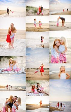 a collage of photos with people on the beach