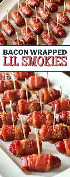 bacon wrapped lil smokies on a white platter with toothpicks in them