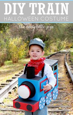 a young boy wearing a train costume with the words diy train halloween costume on it