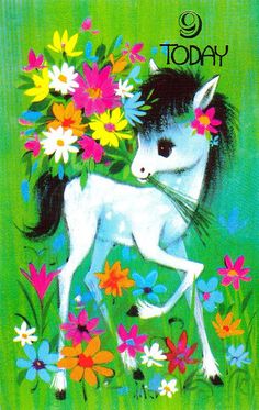 a painting of a white horse with flowers in it's hair and the words today