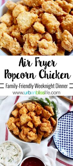 an air fryer popcorn chicken recipe on a plate with dips and ranch dressing