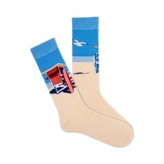 mens crew socks with white and blue background, red and white beach hut pattern, blue seagulls and green palm trees. Casual Blue Socks For Summer, Comfortable Blue Summer Socks, Comfortable Blue Socks For Summer, Green Palm Trees, Sock Lovers, Blue Backdrop, Beach Huts, Mens Crew Socks, Blue Backdrops