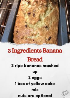 a banana bread in an oven with instructions on how to bake it