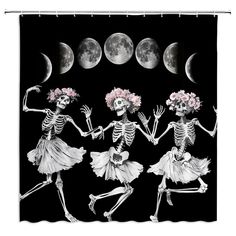 three skeletons dancing in front of the moon with flowers on their heads and arms, wearing dresses