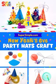 the new year's eve party hats craft is made with construction paper and streamers