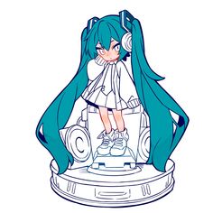 an anime character with headphones on sitting on top of a statue in front of a white background