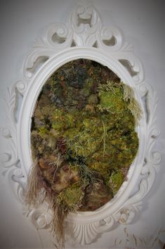 a white frame holding moss and rocks in it's center, with an ornate design around the edge