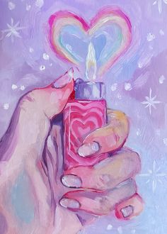 a painting of two hands holding a pink bottle with a heart shaped candle in it