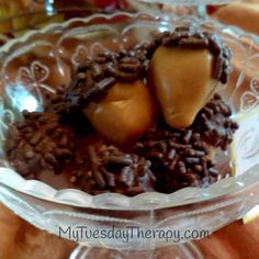 two pieces of chocolate covered apples in a glass bowl