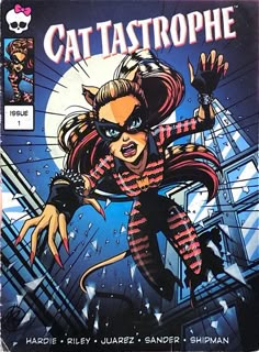 a comic book cover with a woman in cat costume on top of a city building