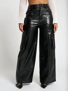 PU Wide Leg Cargo Trousers Black Party   PU Leather Plain Straight Leg Slight Stretch  Women Clothing, size features are:Bust: ,Length: ,Sleeve Length: Cargo Hose, Denim Skort, Thermal Tights, Black Party, Petite Women, Cargo Trousers, Tight Leggings, Denim Women, Sports Equipment