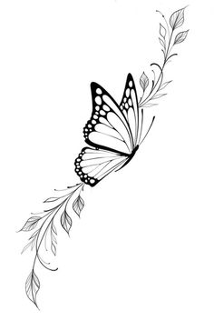 a black and white drawing of a butterfly with leaves on it's back side