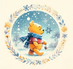 a painting of a winnie the pooh bear holding a scarf and hat with snowflakes around it