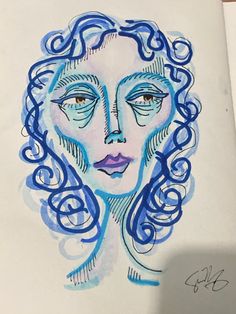 a drawing of a woman's face with curly hair and blue eyeliners