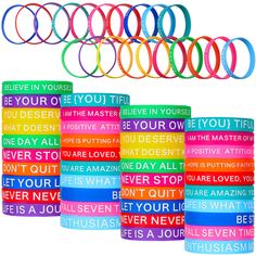 PRICES MAY VARY. Inspirational bracelets: the colored stretch wristbands are printed with different cheerful words like [never never give up], [be your own hero], [let your light shine] and so on, wearing them can add you more charms, show your attitude and make you look cool Suitable occasions: the motivational quote bracelets come with different colors, bright and vivid colors make them eye-catching and full of cheerful feeling, suitable for birthday party, wedding, family gathering, carnivals Rubber Wristbands, Teen Gifts, Motivational Bracelets, Styles Clothing, Be Your Own Hero, Star Students, Bracelet Quotes, Teacher Created Resources, Rubber Bracelets