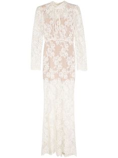 a white lace dress with long sleeves and an open neckline, on a white background