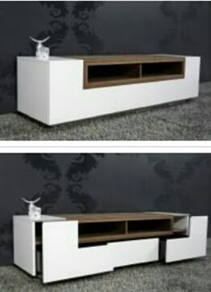 two side by side images of a white entertainment center with drawers and an open shelf