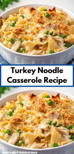 two pictures of turkey noodle casserole with peas