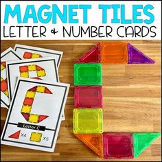 magnet tiles and numbers on a table with the text magnetic tiles letter & number cards