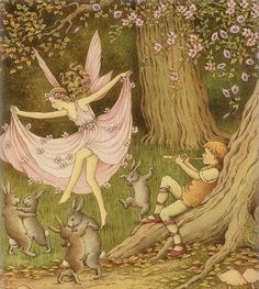 the fairy and her friends are playing in the woods with their pet rabbits, as well as