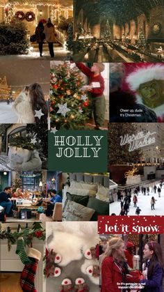 the collage shows people walking around christmas trees and holiday decorations, with words that read holily jollify let it snow