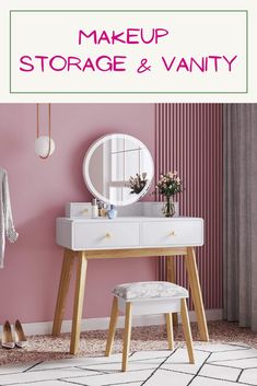 a dressing table with a mirror, stool and coat rack in front of a pink wall