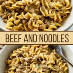 two bowls filled with beef and noodles