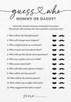 a question card with the words guess who, mommy or daddy? in black and white