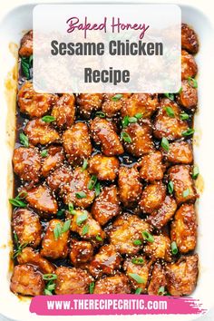 baked honey sesame chicken recipe in a white casserole dish with text overlay