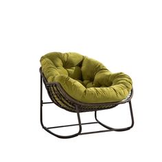 a rocking chair with a green cushion on it's backrest and black frame