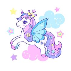 a pink and blue unicorn with stars on it's back flying through the air